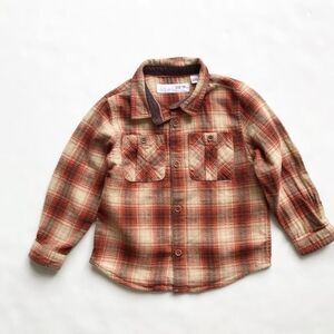 Zara orange/tan plaid button down flannel top EUC 18-24 months